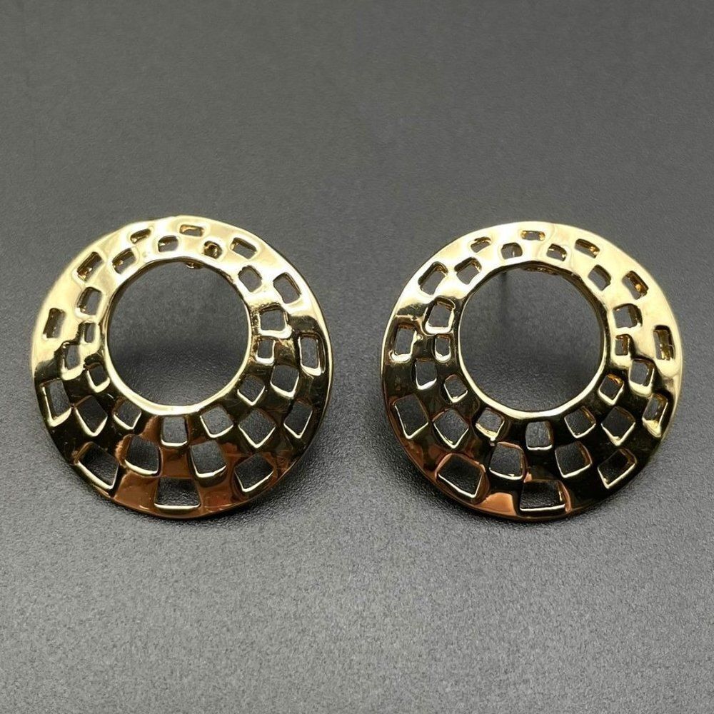 Yellow Gold Circular Open Checkerboard Pattern Post Back Earrings